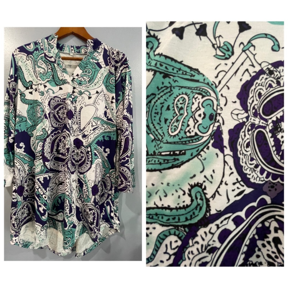 Paisley Women’s Cotton Blend Blouse V-Neck 3/4 Sleeves Teal & Purple Size XL